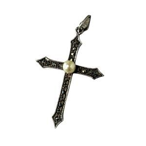 Vintage Sterling Silver Marcasite & Pearl Cross Statement Necklace Pendant 2"